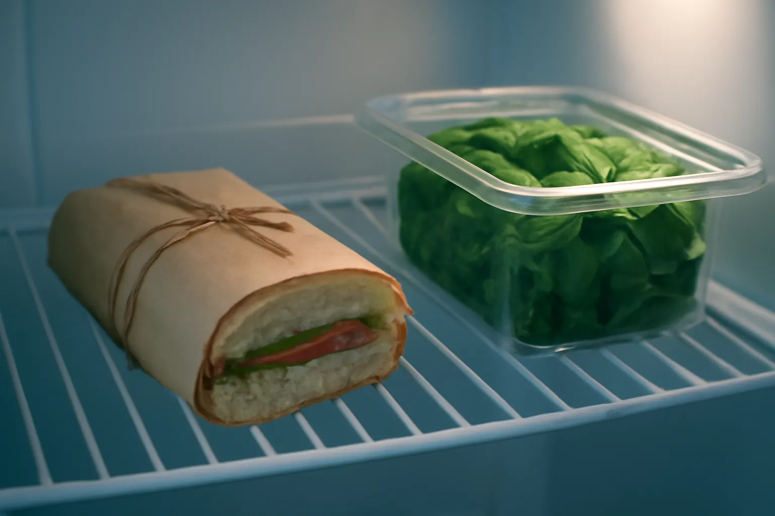 Ổ bánh mì đã gói kín nằm trên ngăn tủ lạnh cạnh một hộp rau để riêng