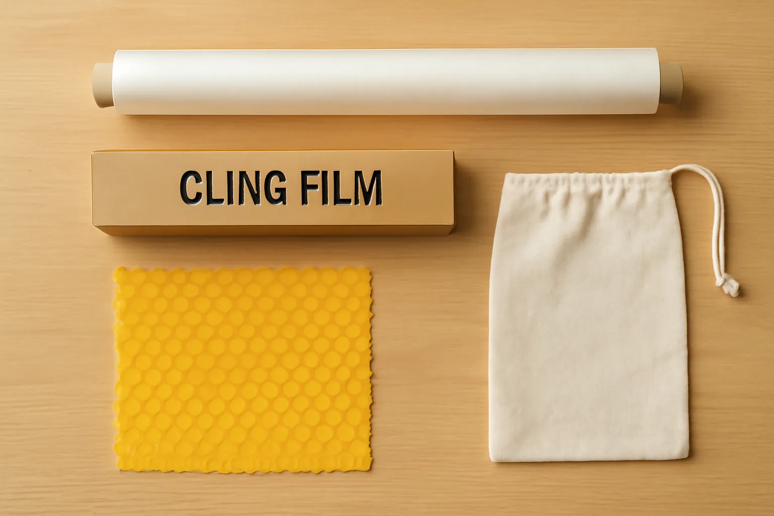 Cuộn giấy nến, hộp màng bọc, khăn sáp ong và túi vải xếp cạnh nhau trên bàn