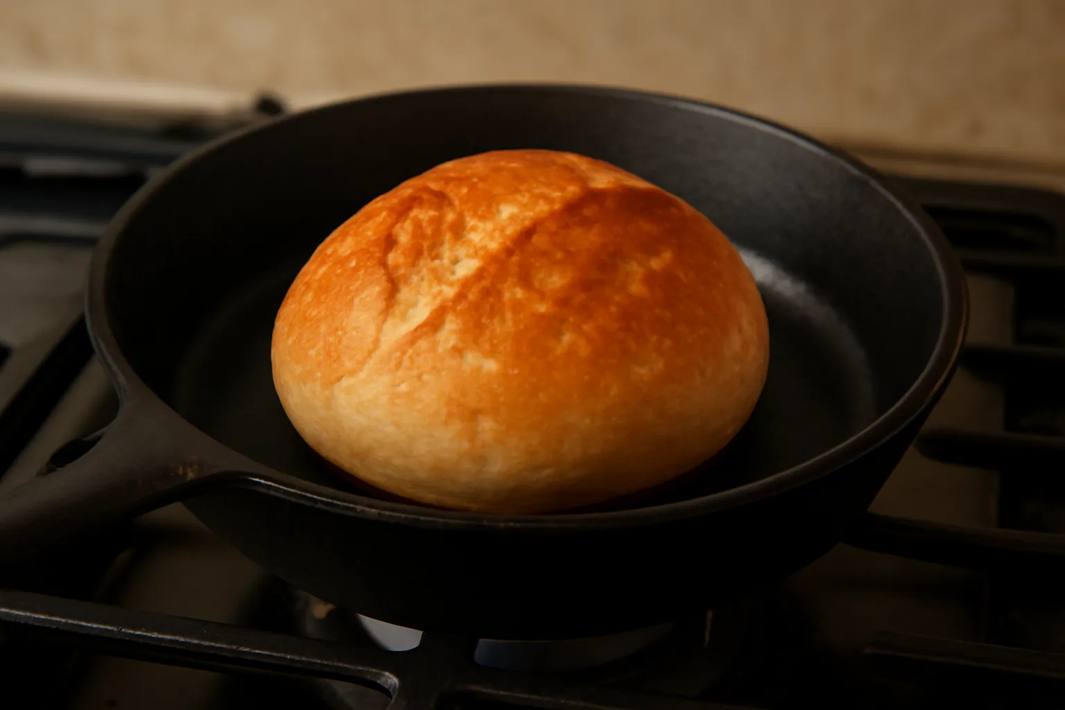 Ổ bánh mì đang được hâm trên chảo gang khô, vỏ vừa se lại