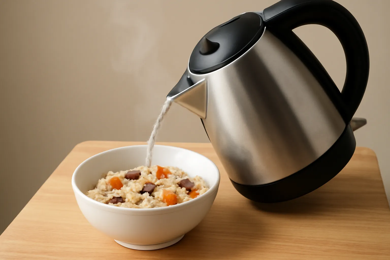 Ấm siêu tốc đang rót nước sôi vào bát yến mạch có trái cây khô